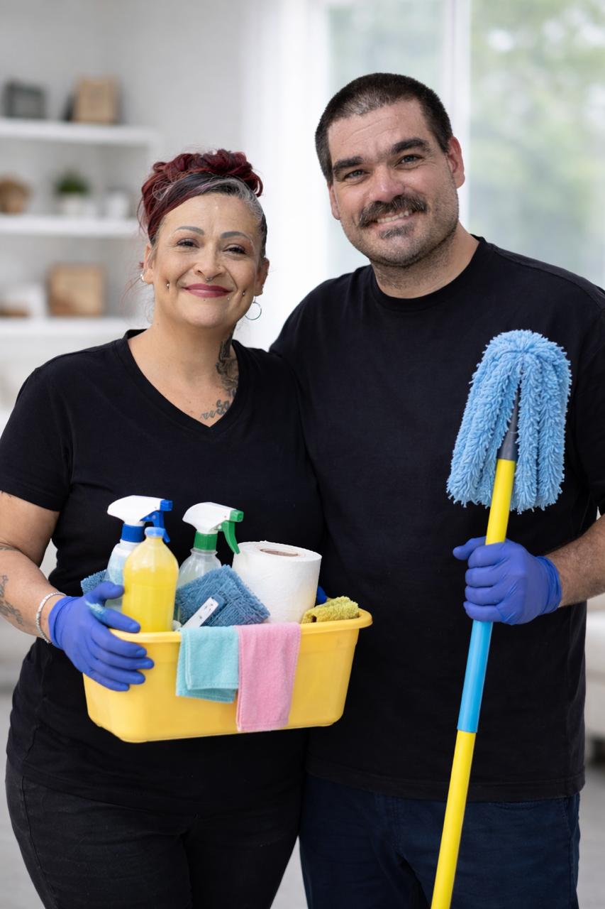 Christopher and Josiee of CNJ Cleaners holding cleaning supplies